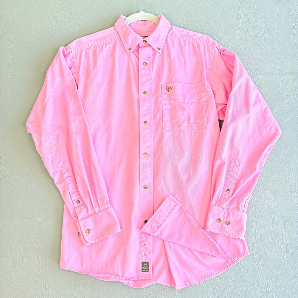 Ariat Mens XS Pink Twill Long Sleeve Button Down Western Shirt Embroidered Logo